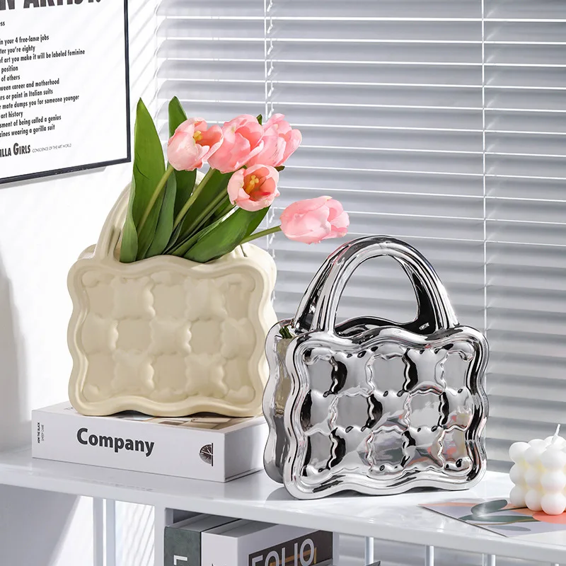 MU New vase Custom Wholesale Table Ornament Ceramic Handbag Bag Shape Flower Tulips Vase popular