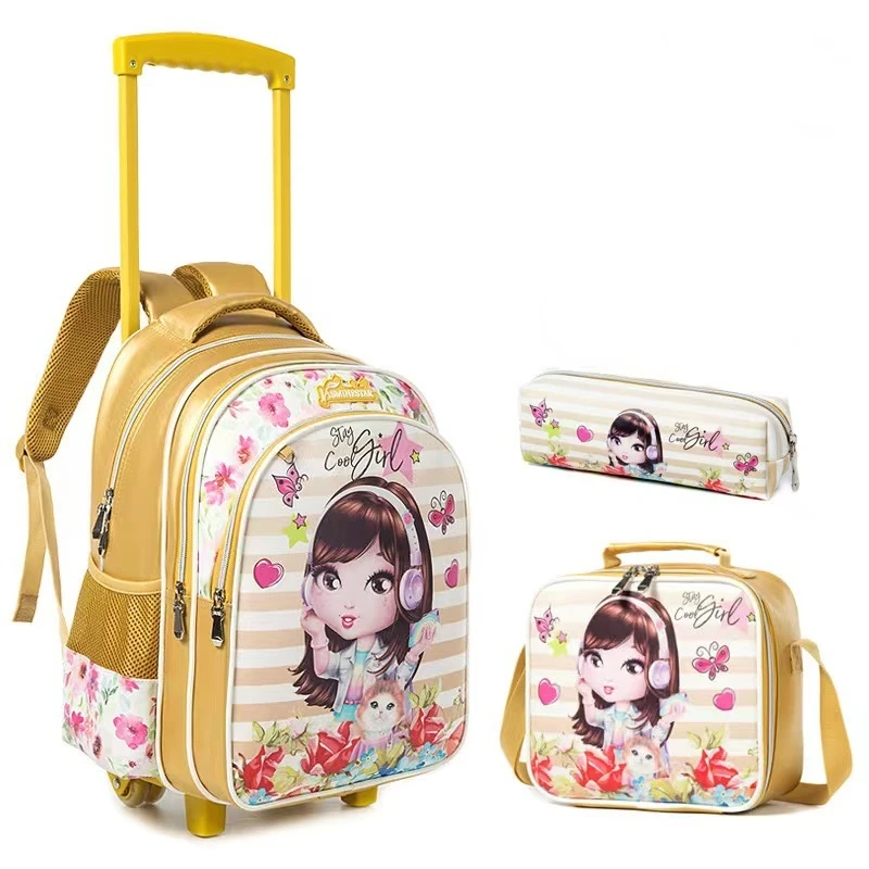 Waterproof 16 Inch Children Three-piece Bag Trolley Backpack Cartoon Casual PU Leather Primary School Students Unisex 1-3-6 4pcs