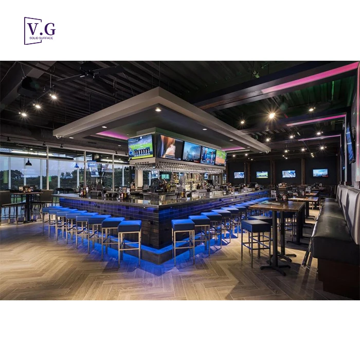 Custom Square Shape Solid Surface Stone Golf Club Restaurant Bar Stainless Steel Brick Bar Counter
