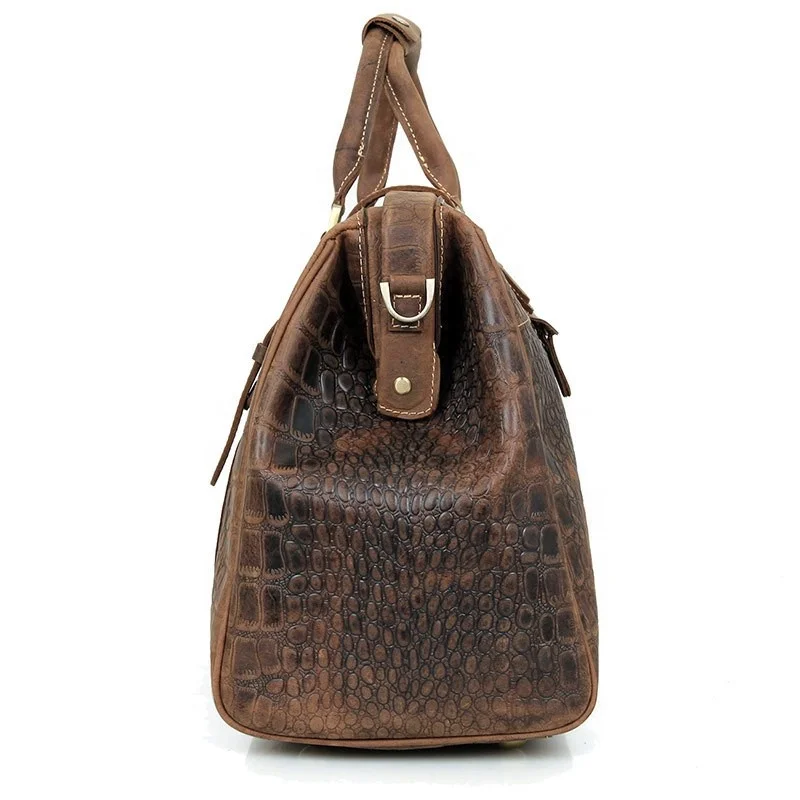 Dark Brown Men Gym Bag Crocodile Embossed Pattern Sport Genuine Leather Duffle Bag Weekender Woman Travel Bag