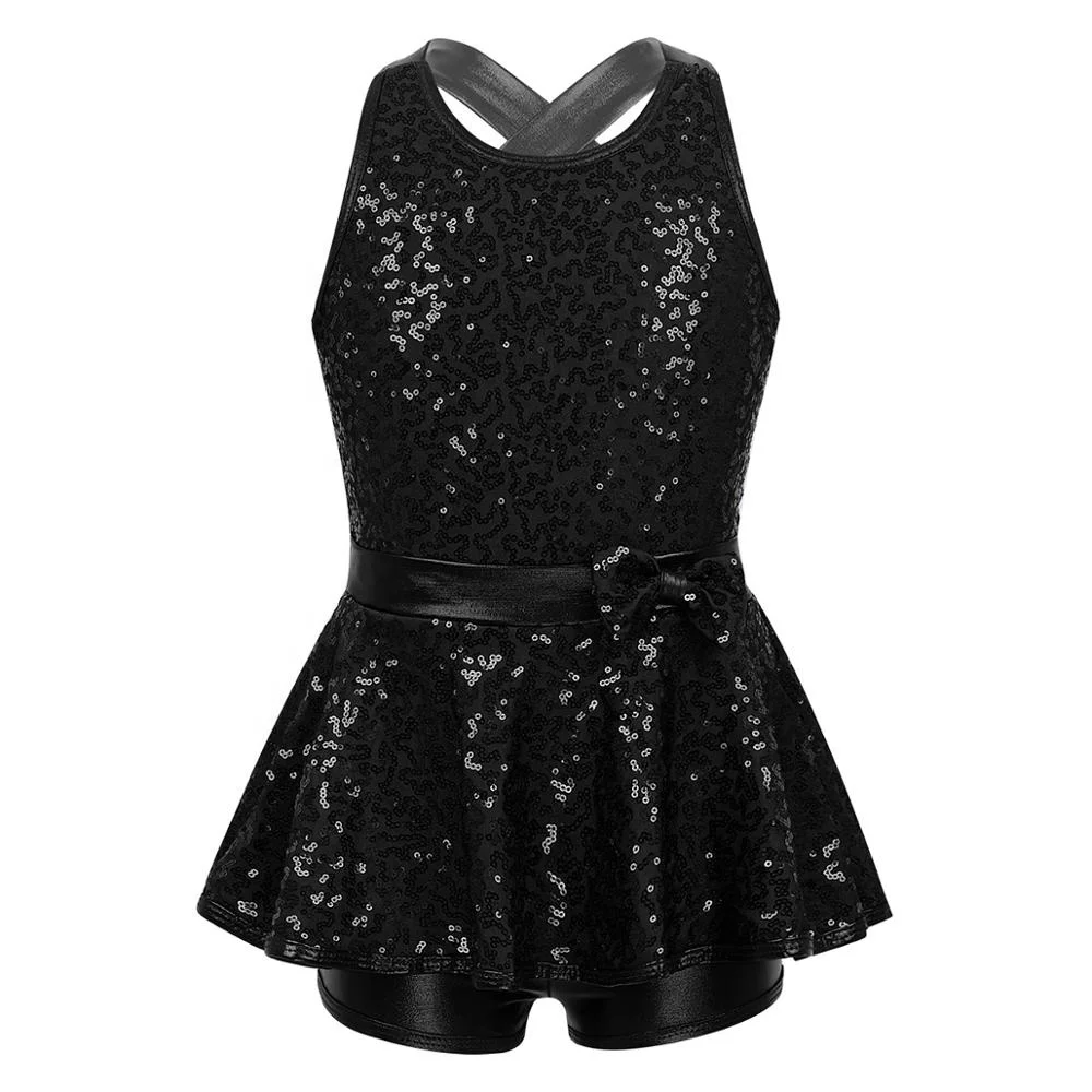 Kids Girls Jazz Tap Ballet Dancewear Sleeveless Sequined Cross Back Waist Bowknot Modern Dance Leotard Dress