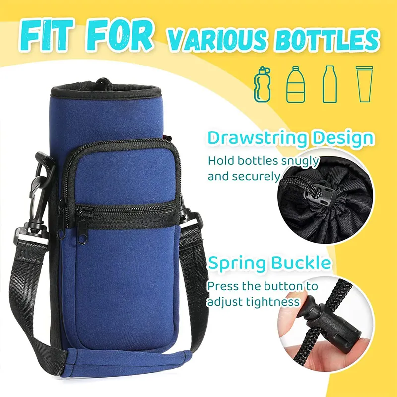 Holder sleeve water bottle 2 pockets neoprene sleeve water bottle carrier holder bag with shoulder