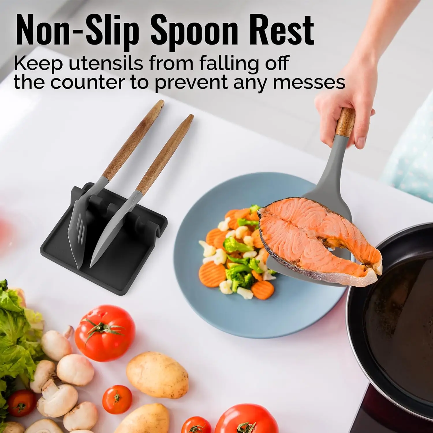 Modern Style Heat-Resistant Silicone Spoon Holder with Drip Pad for Kitchen Counter Utensil Rest and Pot Clips