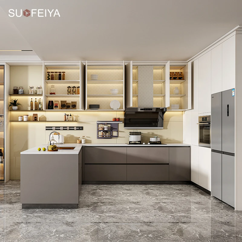 Suofeiya Luxury Modern Kitchen Storage Cabinet Solid Wood PVC Door Finish Countertop Glass American Kitchen Cabinets