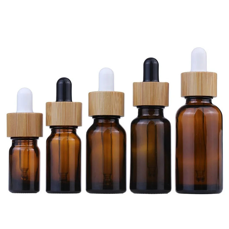 Bamboo Lid Brown Amber Glass Essential Oil Dropper Bottle 5ml 10ml 15ml 20ml 30ml 50ml 100ml Empty Cosmetic Packaging Container
