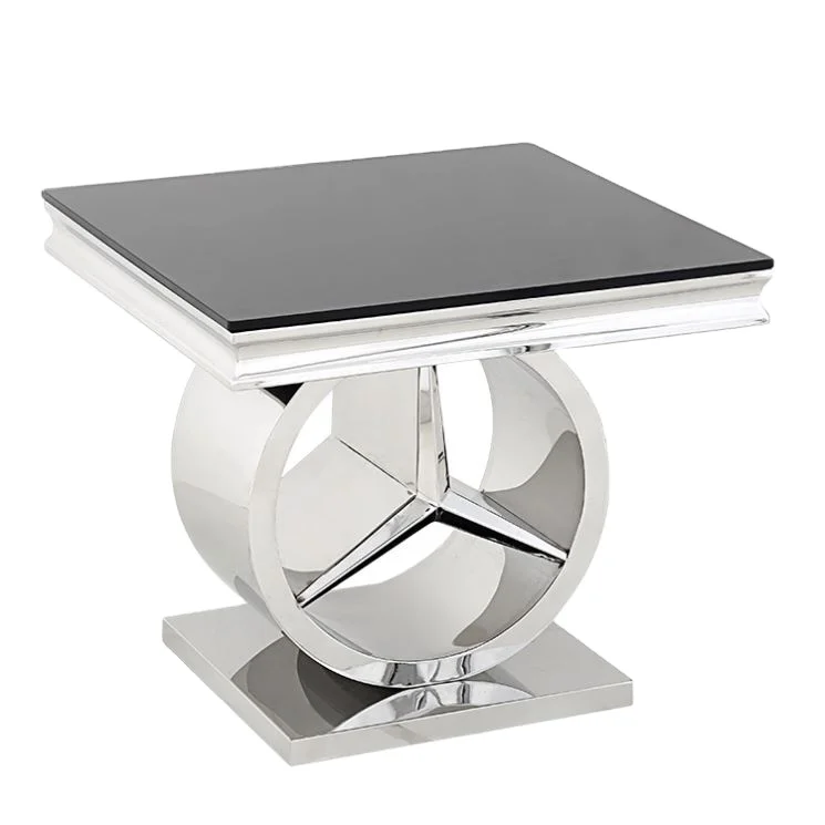 Unique Living Room Furniture Side Table Black Glass Top Metal Small End Table