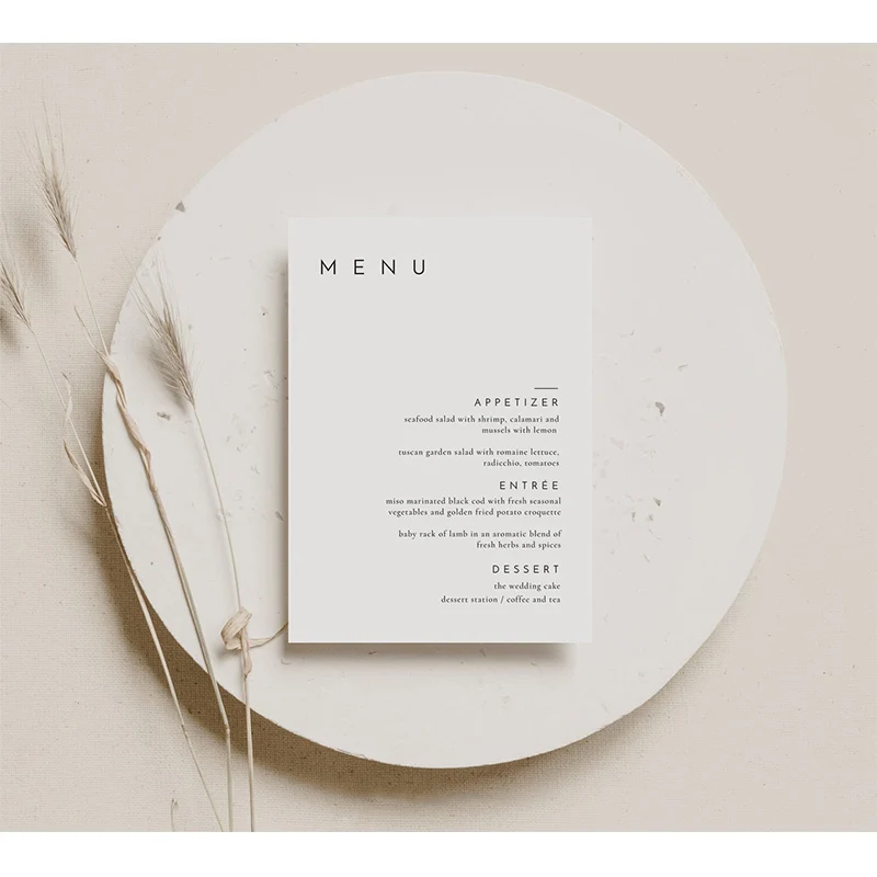 Editable Simple Elegant Wedding Menu Custom Logo Print White Card Thank You Card For Guest