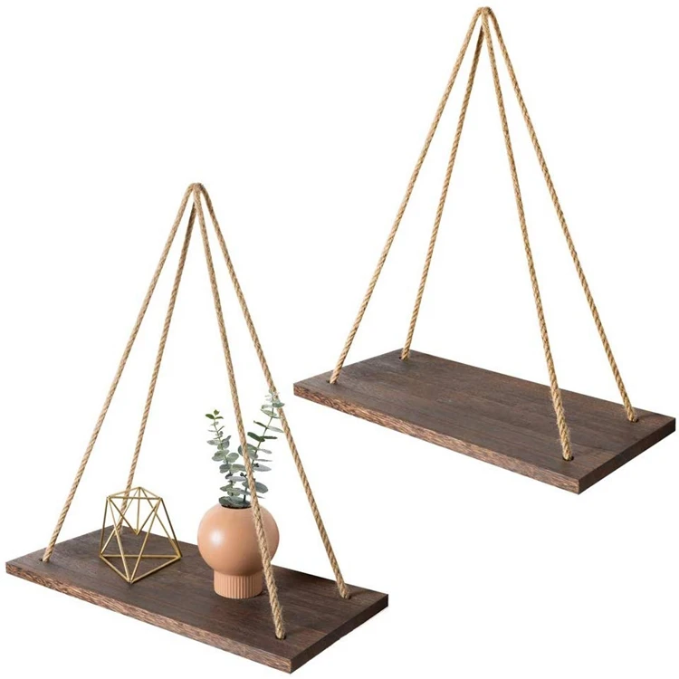 
Wood Floating Shelves Set of 2 Wall Hanging Shelf for Wall Rustic Rope Shelves for Living Room 