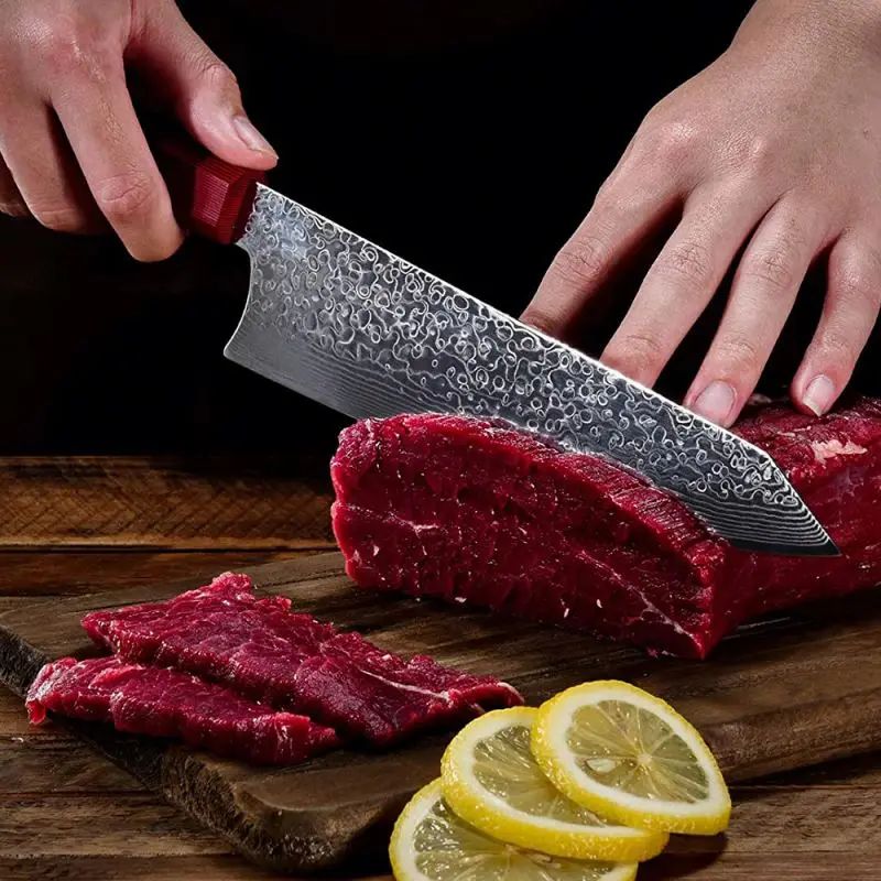 Multipurpose Japanese Vg 10 Damascus Steel Chef Knife Heavy Duty Fixed Blade Knife With Black Handle