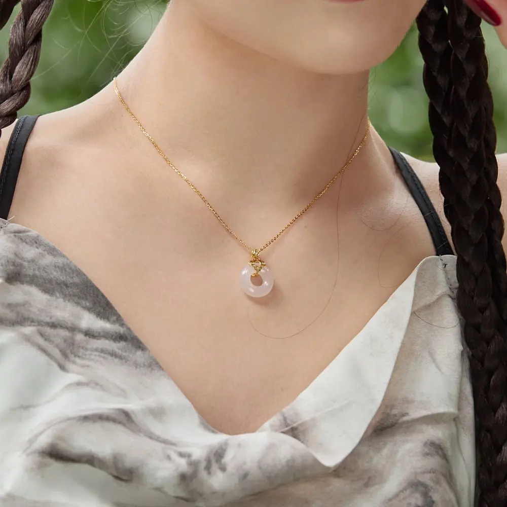 Custom 925 Sterling Silver Lucky Buckle Hollow Round Pendant Luxury High-End 18K Gold Plated Hotan Jade Necklaces For Women