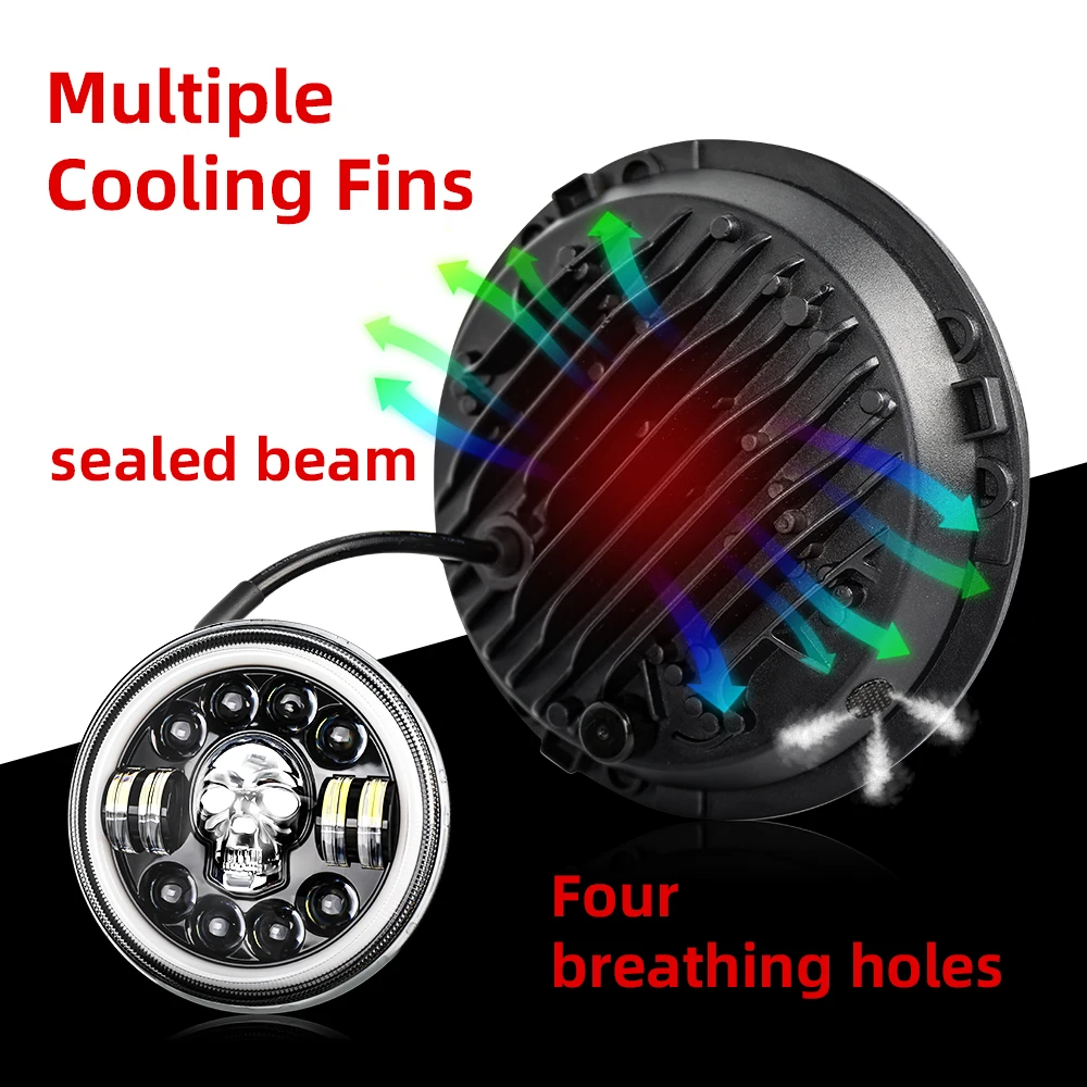  Dot E9 Skull RGB Super Bright LED Lamp Angle Eyes Daymaker Halo Ring DRL Round Motorcycle 7 Inch Headlights for Wrangler