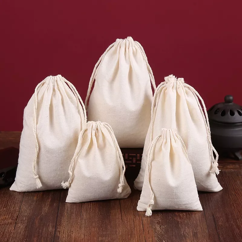 Custom eco friendly organic white cotton muslin linen drawstring bag for hats clothing handbag shoes packaging dust pouch