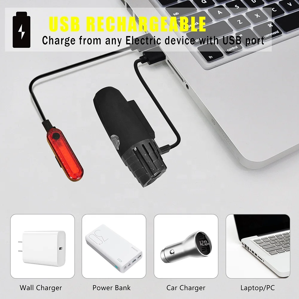 Amazon Hot Sell USB Rechargeable Bike Headlight and Tail Light Waterproof LED USB Bicycle Light Set