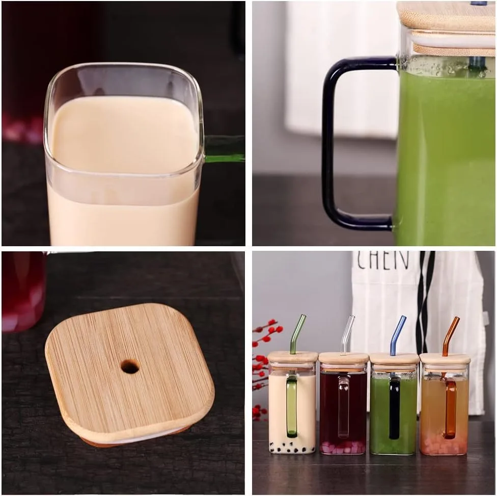 Hot Sale 510ml 17oz Square Glass Drinking Cup with Colorful Handle Bamboo Lid and Glass Straw for Beer Juice Milk-for Parties