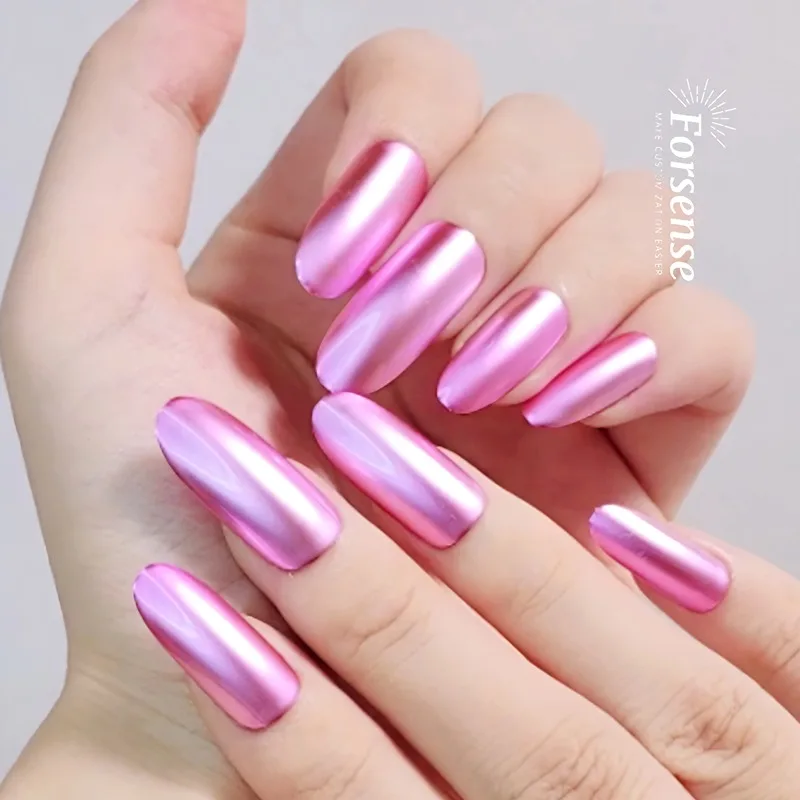 ready to ship wholesale chrome press on nail metallic premium pink fake nails oval shape 24 pcs false nail create your own brand