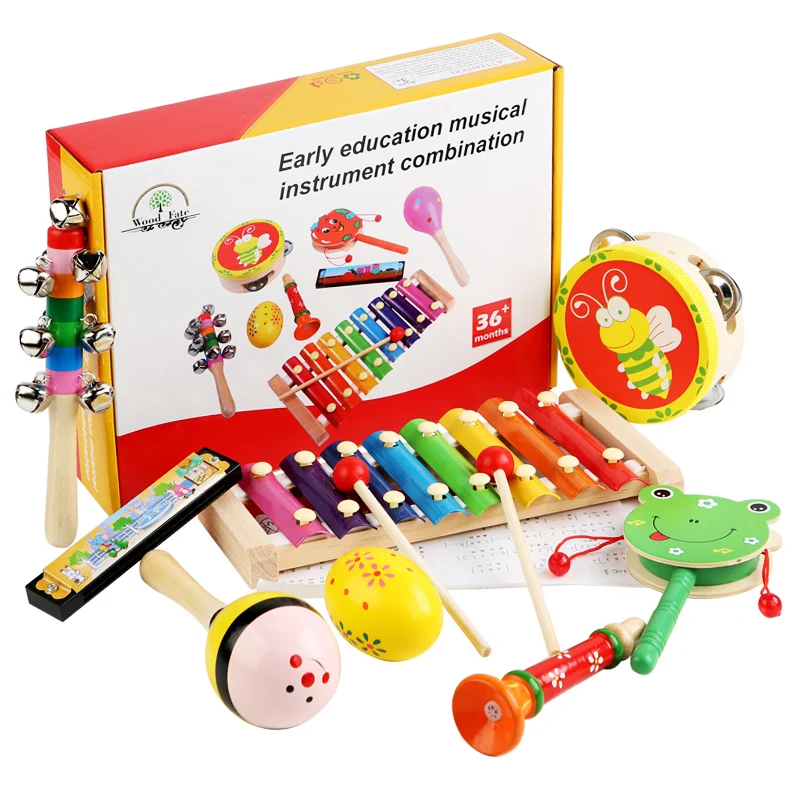 Wooden 8 Pieces Baby Music Kit Infants Toys Musical Instruments Sets For Kids Early Education Drum Rattle Toy