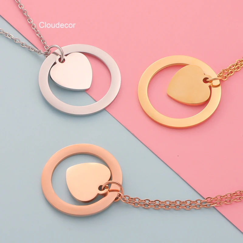 Rose Gold Stainless Steel Circle Pendant Necklace 18k Gold Couple Heart Shaped Necklaces For Women Blank Love Heart Necklace