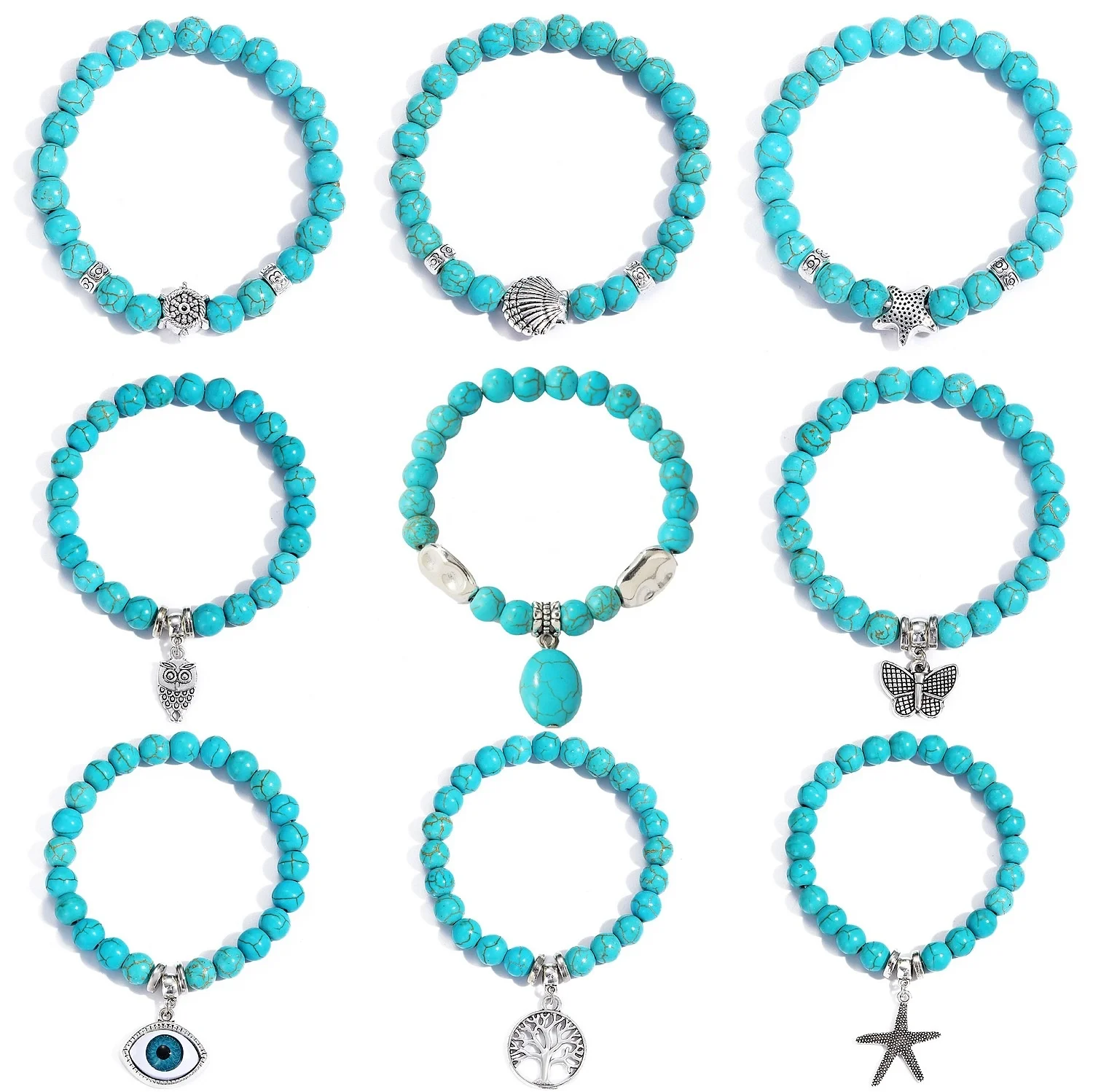 European American Retro Turquoise Bracelet Set Cross-Border Fashion Beaded Bracelets with Natural Stone Turquoise Color