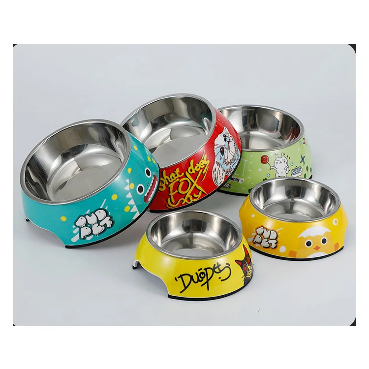 Wholesale imitating ceramic effect cute design dule layer melamine and stainless steel pet dog cat bowl