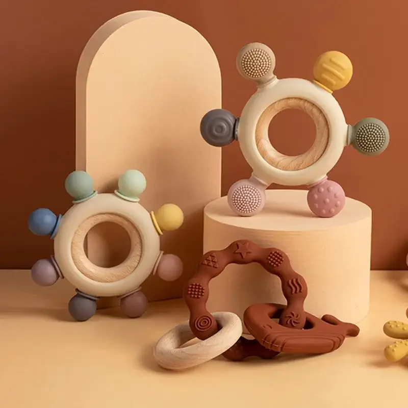 Hot Sales Silicone Wooden Teether Baby Soothing Baby Silicone Teether For Kids Baby Teething Toy