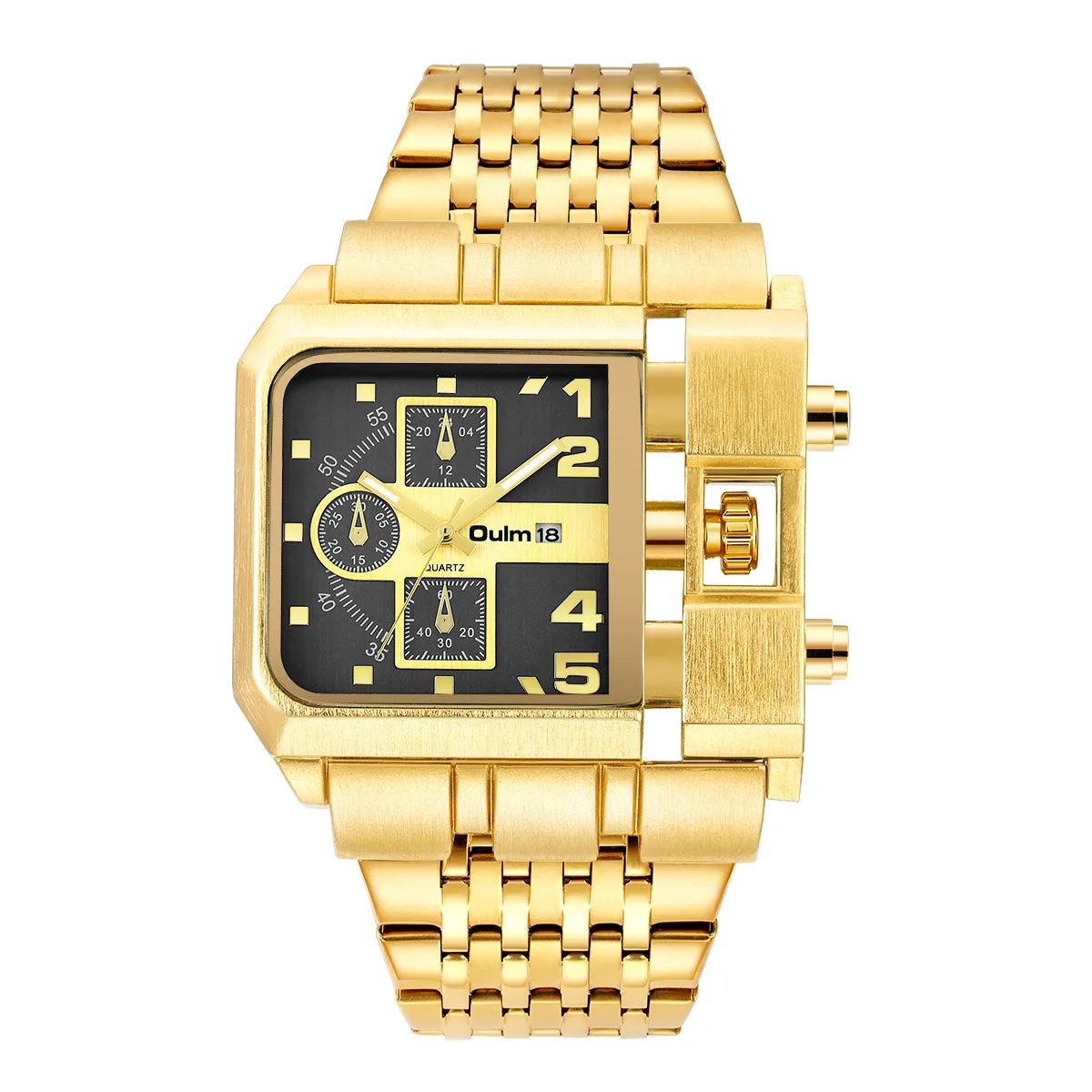 Oulm Hp3364B Large Dial Military Luxury Mens Style Casual Luminous Multifunction Alloy Quartz Square Gold Watches
