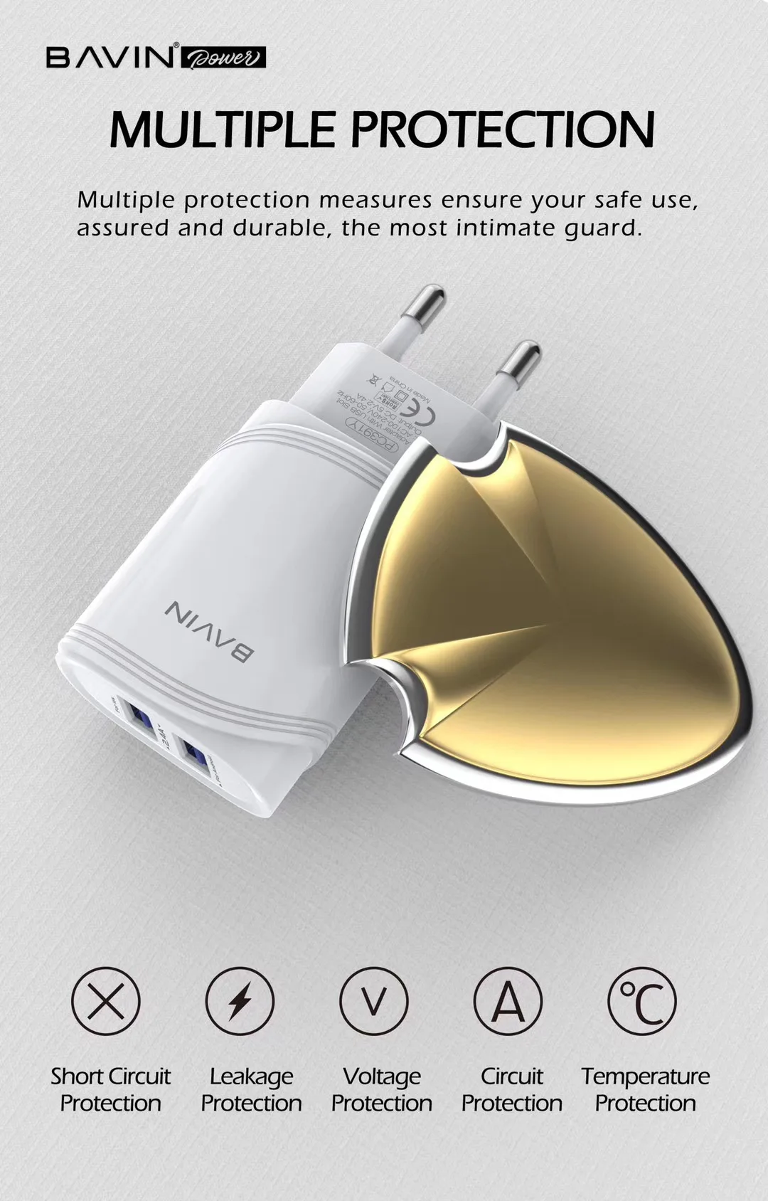 BAVIN PC391Y Factory Hot Selling Quick fast charing dual usb with cable wall phone charger for Samsung galaxy S8 S9