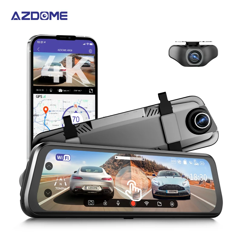 AZDOME AR09 4K 9.66 inch Touch Screen GPS WiFi Car Camera DVR Driving Camera Dash Cam Recorder Mirror Camera Car Black Box