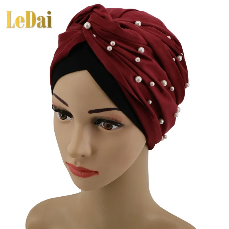 Wholesale popular suede turbans with pearls for arab women