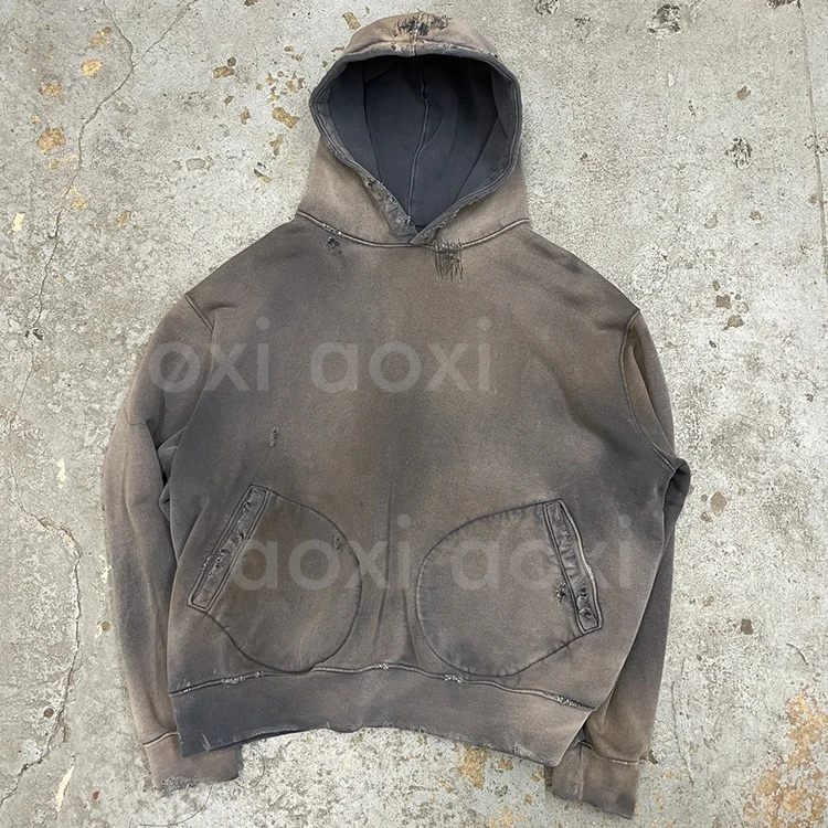 OEM Streetwear Hoodie Manufacturer Unisex Mid weight Mineral Wash Hooded Pullover No String Acid Wash Sun Fade Distressed Hoodie