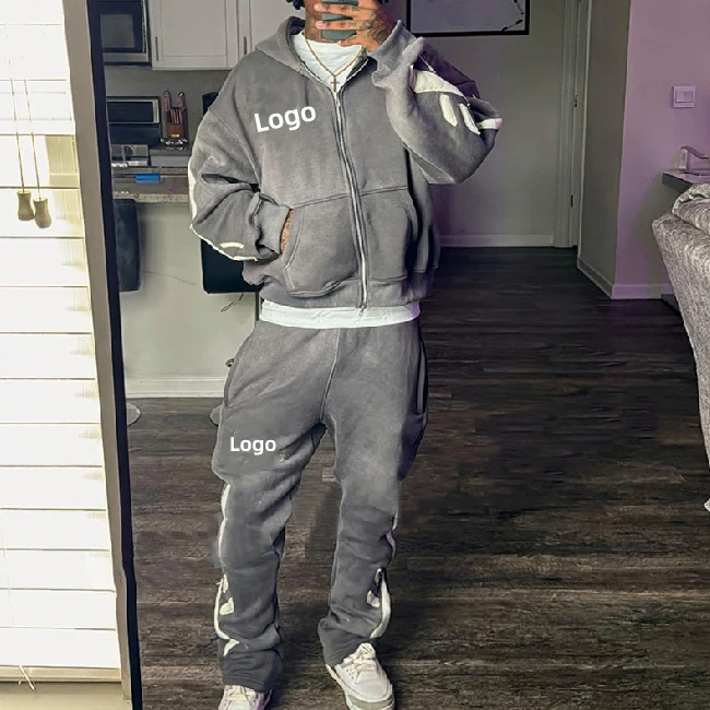 Custom High Quality Cotton Tracksuits French Terry Flared Sweatpants And Hoodie Set Streetwear Acid Wash Sweatsuit Set