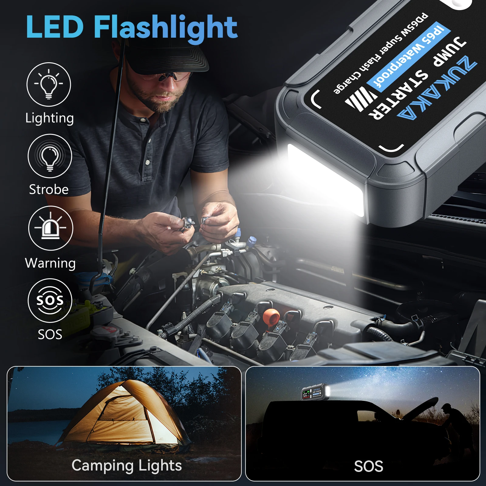 2024 zukaka IP 65 portable 12v vehicle power bank car battery charger and jump starter set car 6000a jump starter with screen