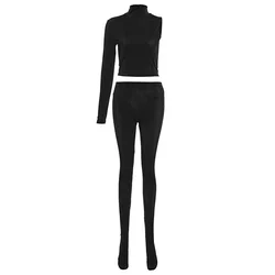 Winter Clothes For Women Tracksuits Slim Fit Outfit Solid Turtleneck Crop Top High Waist Pant Bodycon Casual Two Piece Set