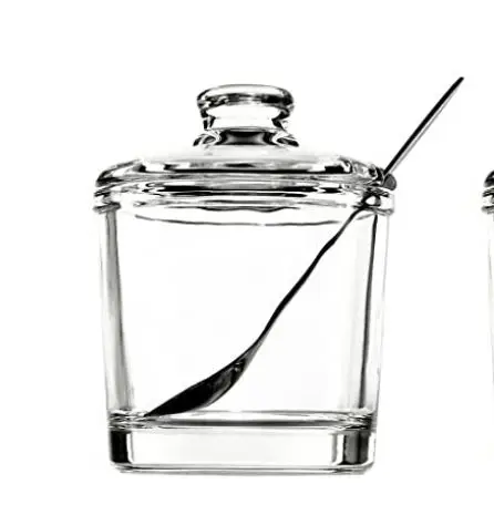 Classic Clear Glass Sugar Bowl Set with Lid Serving Spoon Salt Pot Pepper Storage Jar Seasoning Pot Dispenser Container