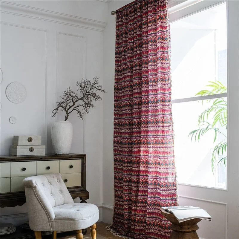 Fashion Modern Printing Curtain Ready Made Grommet Decoration Curtain Bedroom Blackout Tassel Printed Pom Pom Curtains