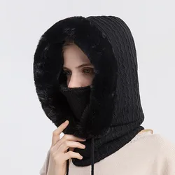 Solid Color Plush Edge Knitted Cap Women Winter Thickened Dual Use Mask Scarf Lady Outdoor Riding Warm Neck Protection Hat