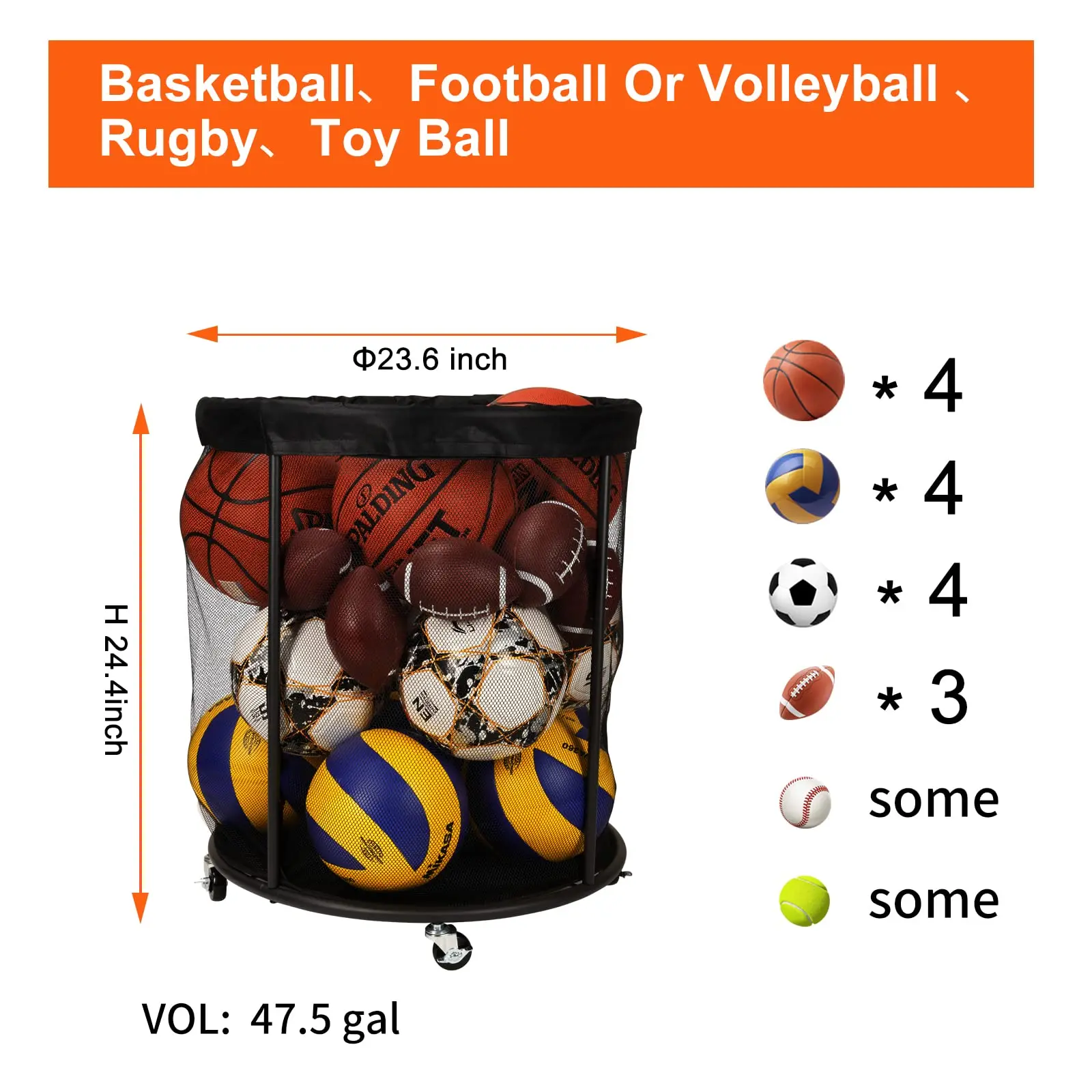 Wholesales Outdoor Indoor Rolling Basketball Rack Sports Ball Storage Organizer Ball Cart With Wheels Lock