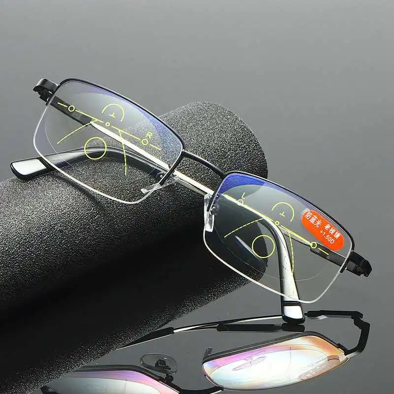 Мужские высококачественные многофокальные прогрессивные очки для чтения с полуободковой оправой из сплава эффектом памяти и защитой от синего света