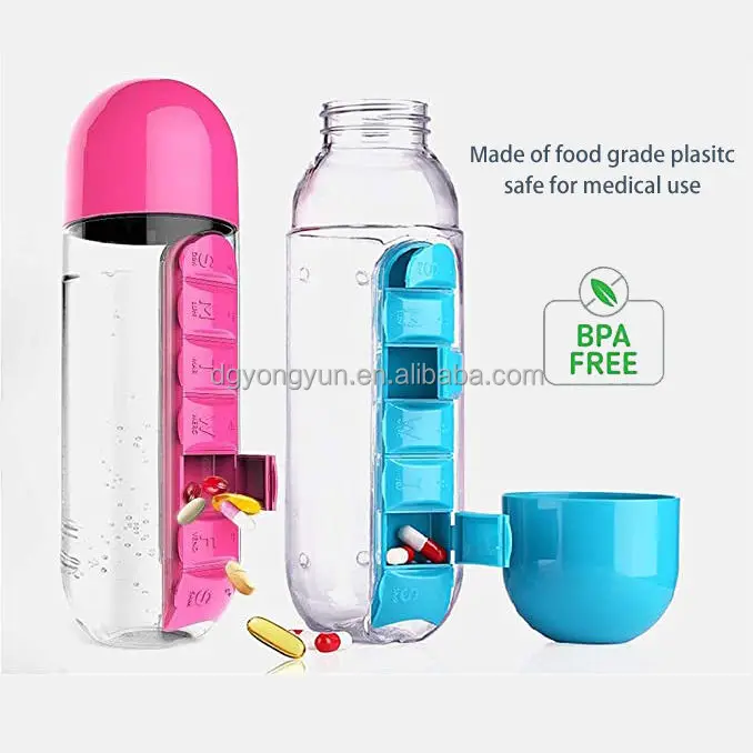New Water Bottle Pill Box Weekly Pill Cup Case , Travel Multi-Purpose Pill Bottle, Outdoor 7 Compartment Pill Organizer 20 oz.