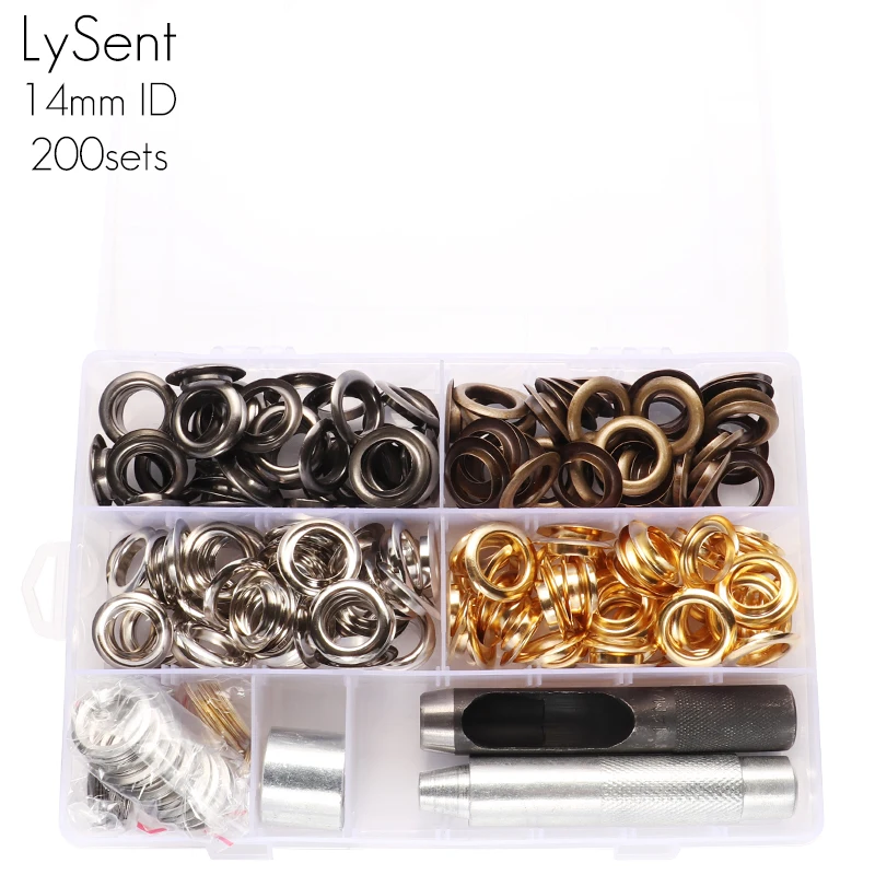 
14mm (11/20 inch) metal eyelet grommet kit for DIY leather craft curtain tent eyelet 200 sets (4 color) setting tool with box 