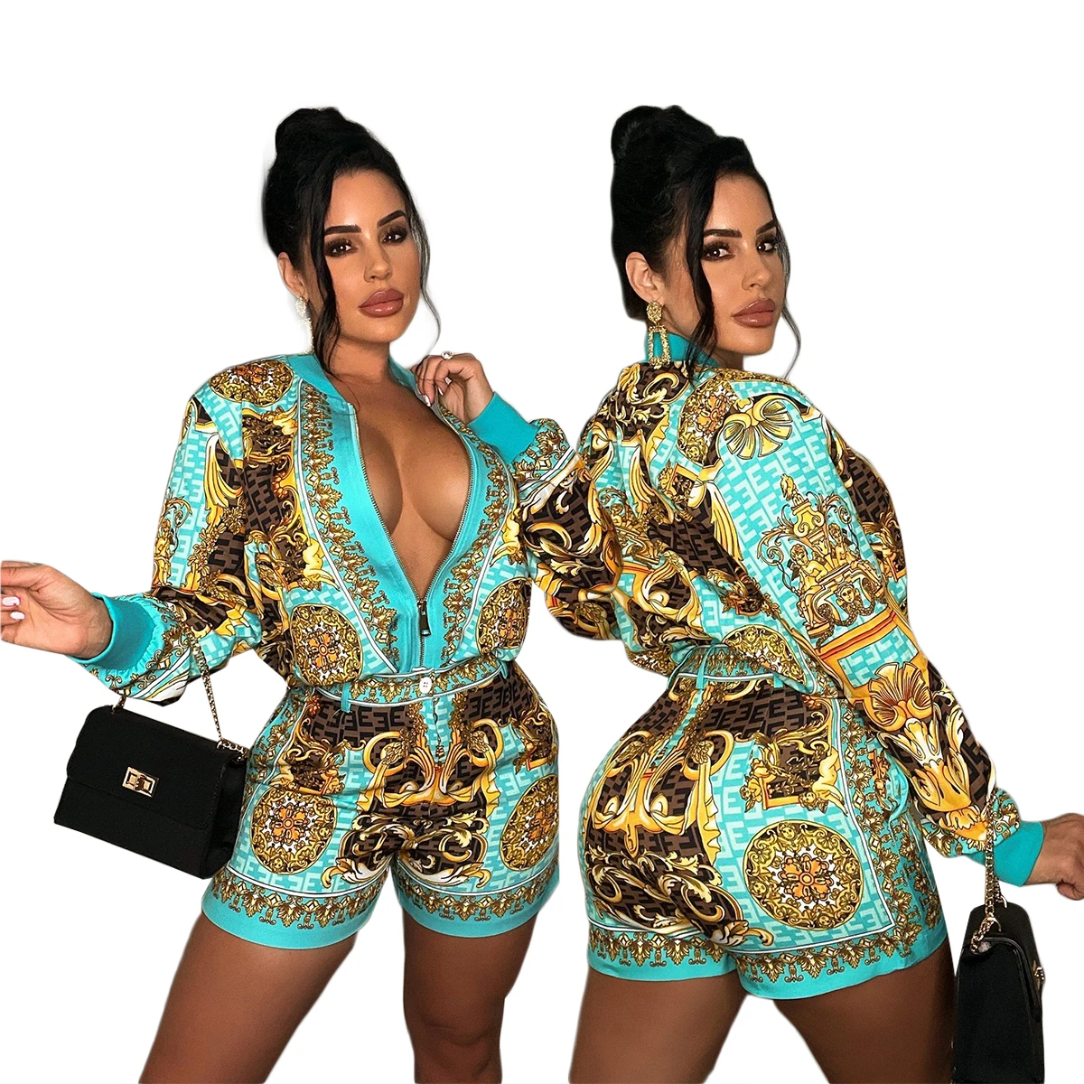 2022 women clothing designer flora printed summer fall casual shirts two piece shorts set for woman