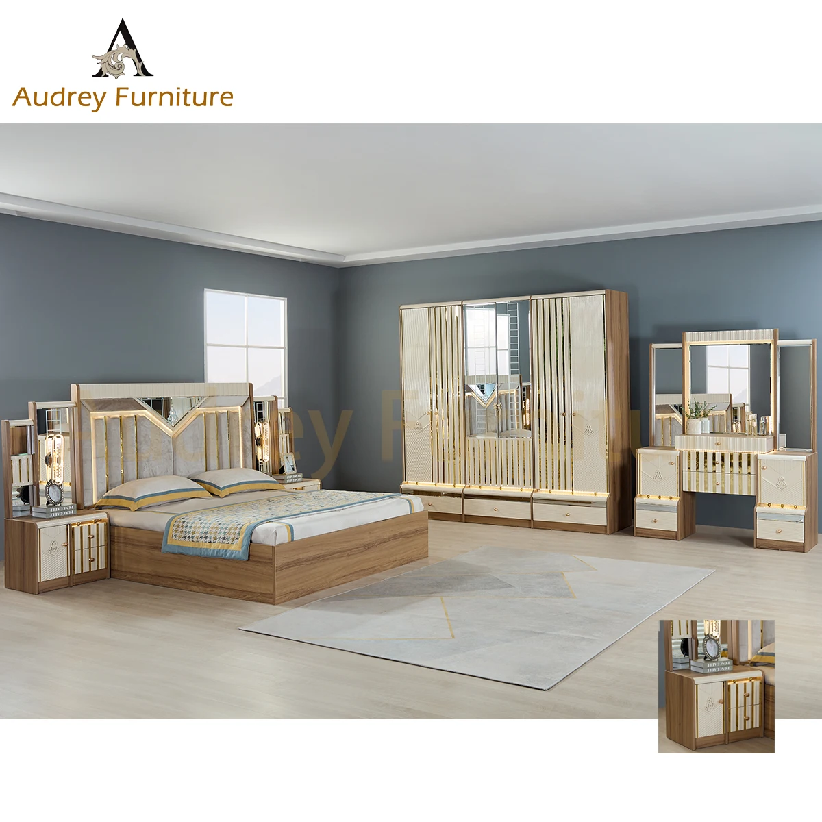 Современный стиль Audrey Queen King Size из пяти предметов мебель для спальни роскошные наборы