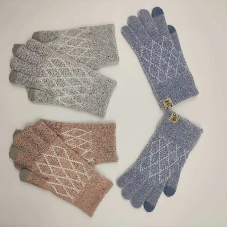 Adult men women check pattern winter knitted gloves melange color acrylic jacquard mittens touch screen finger gloves