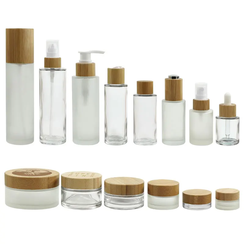 Cosmetics Sets Skincare Bamboo Pump head lotion white glass frosted dropper bottle packaging containers
