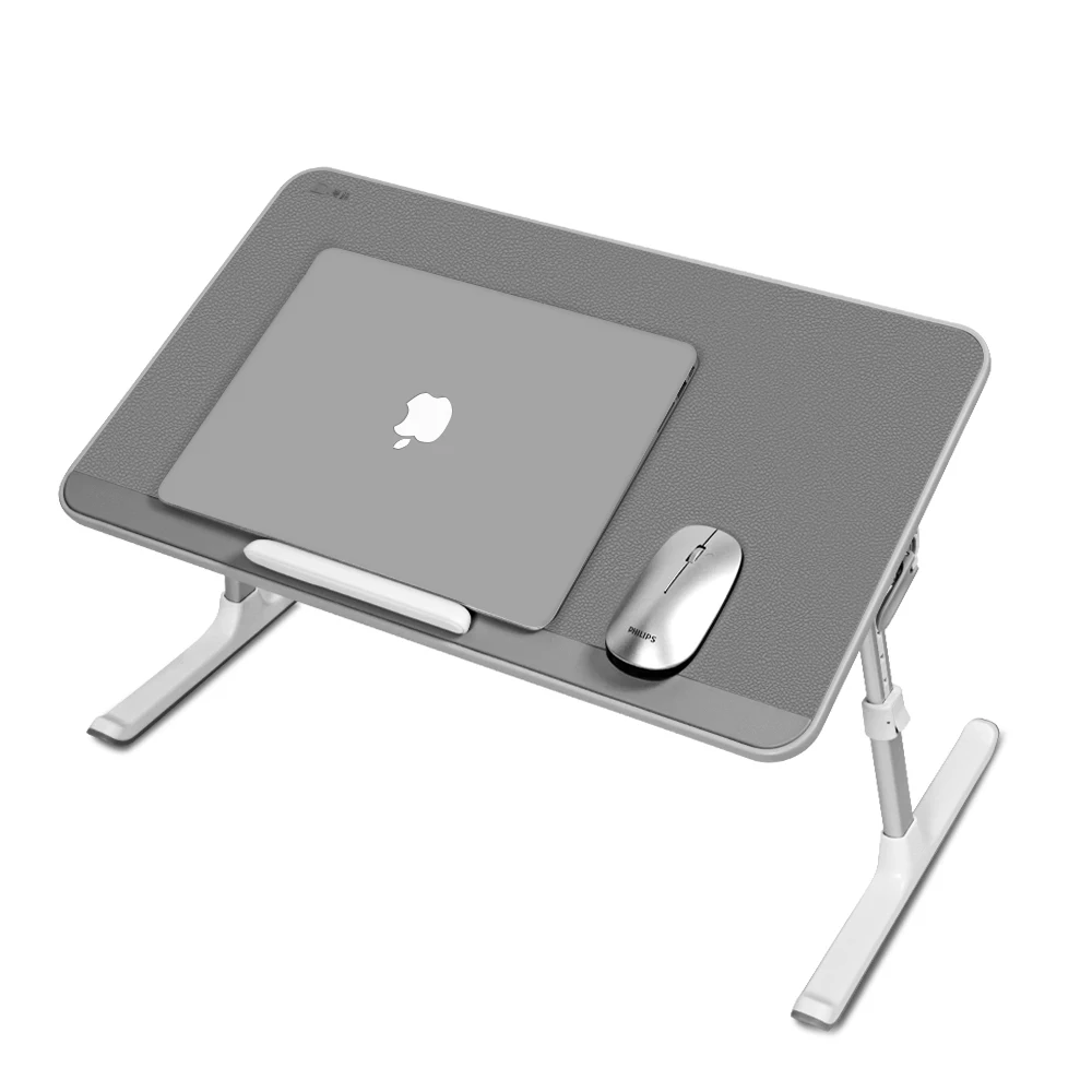 Adjustable Computer Tray Laptop Stand with Anti-slip Leather Removable Stopper Book Stand and Drawer- Grey Laptop Desk for Bed