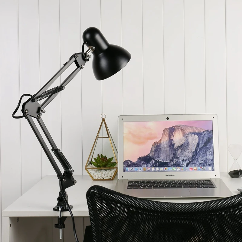 Black Flexible Swing Arm Clamp Mount Desk Lamp with Base and Key Switch Support Bulb for Home / Office