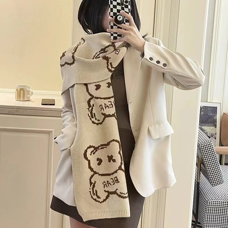 Autumn and winter bear acrylic brushed knitted scarf