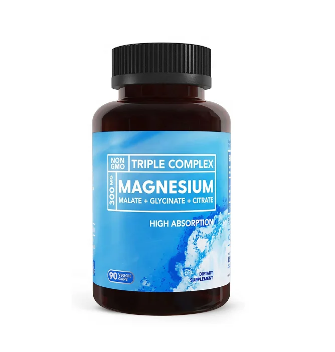 High Absorption Vegan Non-GMO Triple Magnesium Complex Capsules 300mg Magnesium Glycinate Malate Citrate for Muscles Nerves