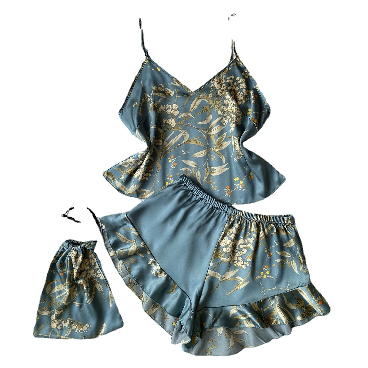 DEBELA Sexy suspender pajama suit wholesale fashion print leisure wear sleepwear 2 pieces set for ladies satin pajamas