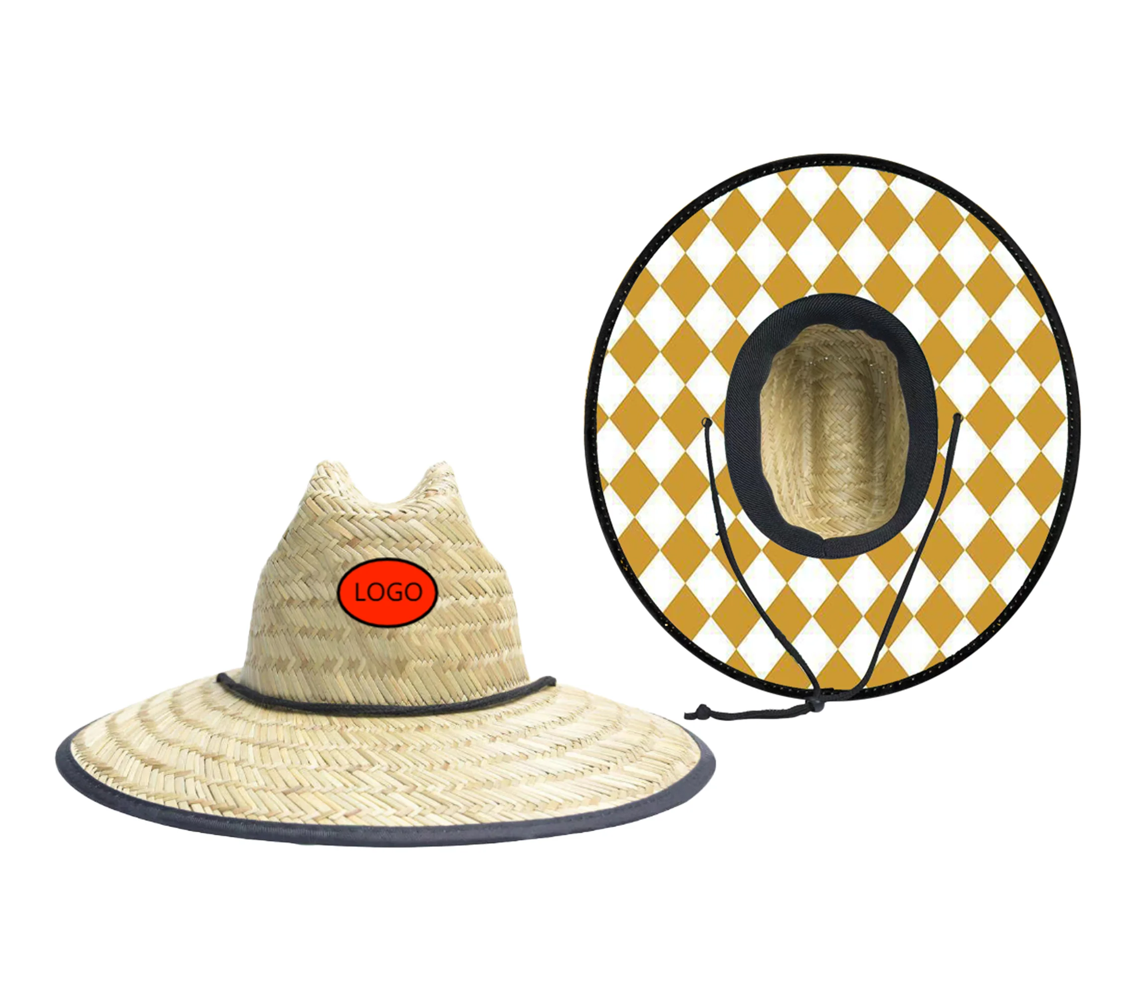 Custom Natural Grass Checkered Racing Flag Uv Protection Kid Lifeguard Safari Surfing Beach Children Straw Hat