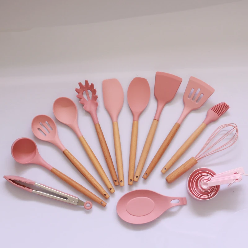 Wholesale 23 pcs kitchenware accessories kitchen cooking tools food silicone kitchen utensils set with wooden handles